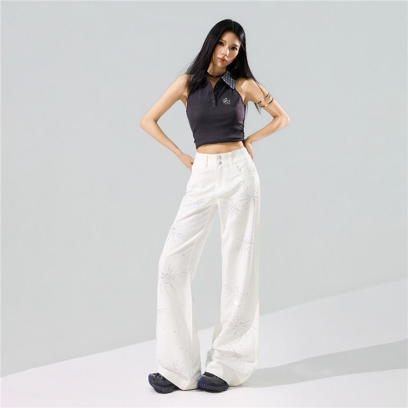 Spring Summer Firework Bling Rhinestone Wrinkle Resistant Four Way Stretch Drape Micro Flare Casual Denim Pants For Ladies Casual Denim Trousers