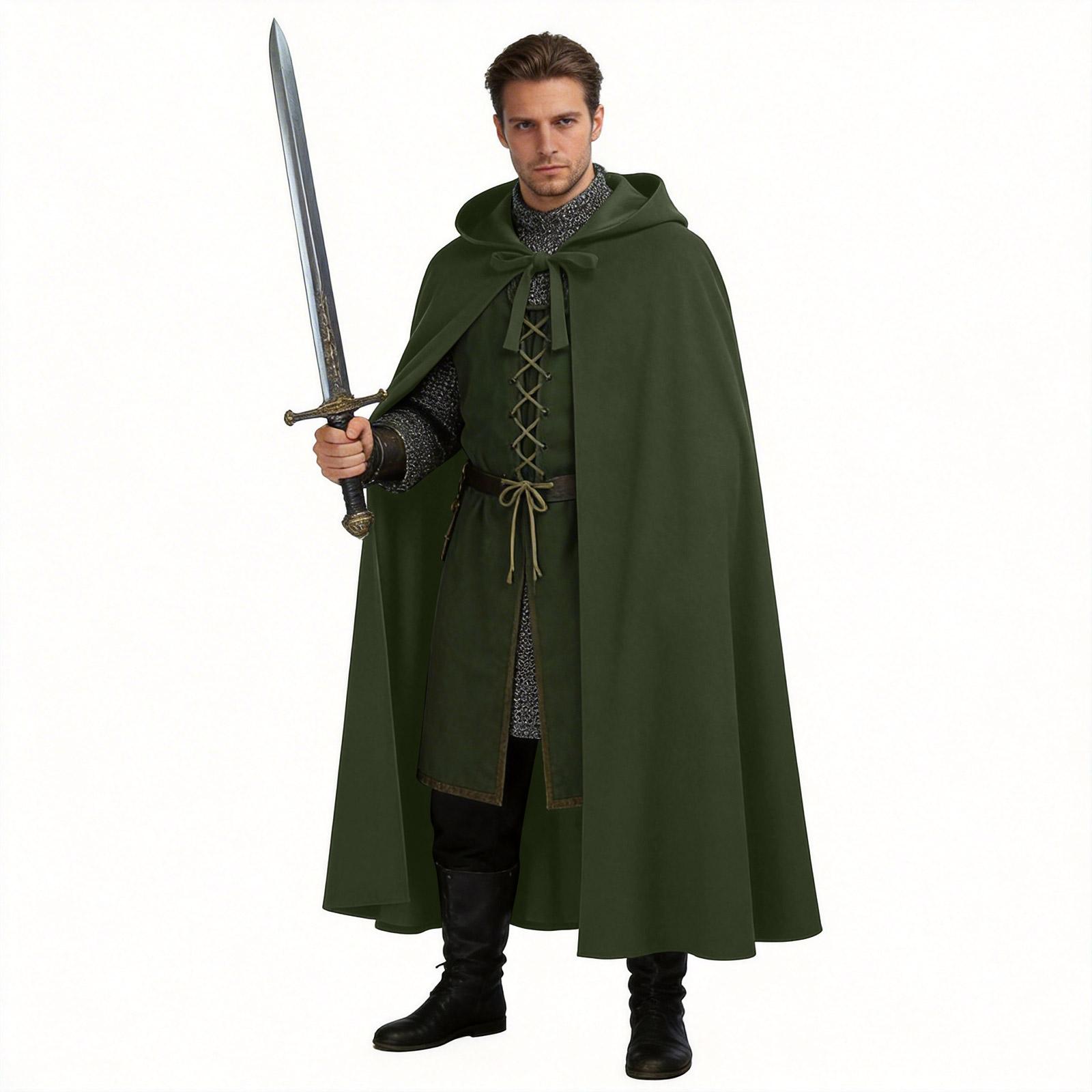Medieval Knight Cloak with Hood Long Wool Blend Cape for Costume Role Play Renaissance Fair and Halloween XL
