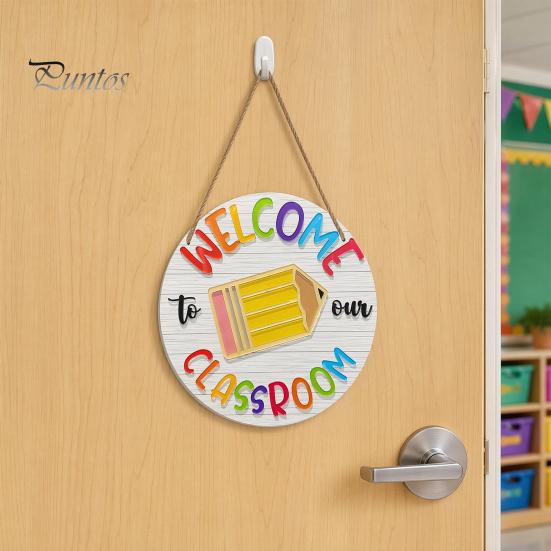 Classroom Decor Sign Wooden Welcome for Door, to Our Round Front Door Hanging Hanger, Sign, Back School Preschool Decoration Hanger
