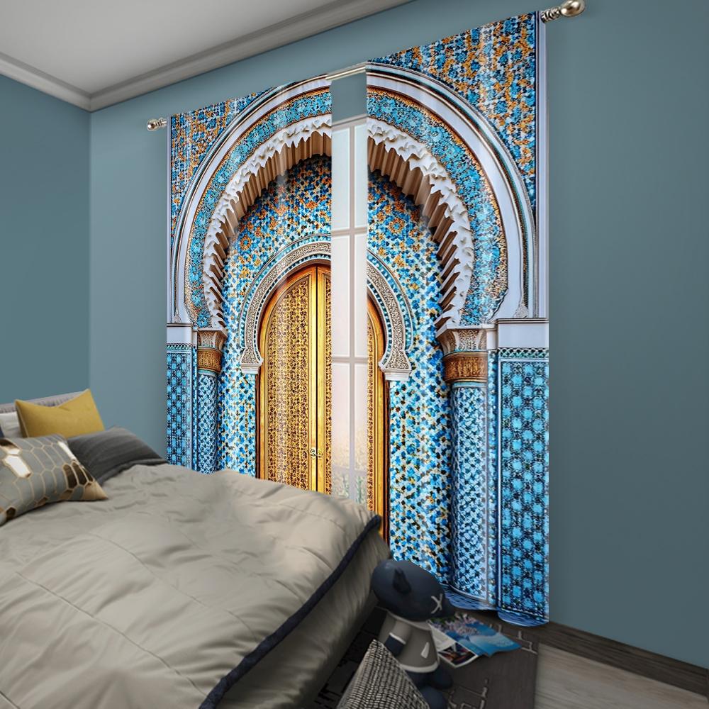 2pc,  Curtain Ancient Morocco Palace Door Print Durable Polyester,Without Electricity Versatile Suitable for Multipurpose Event