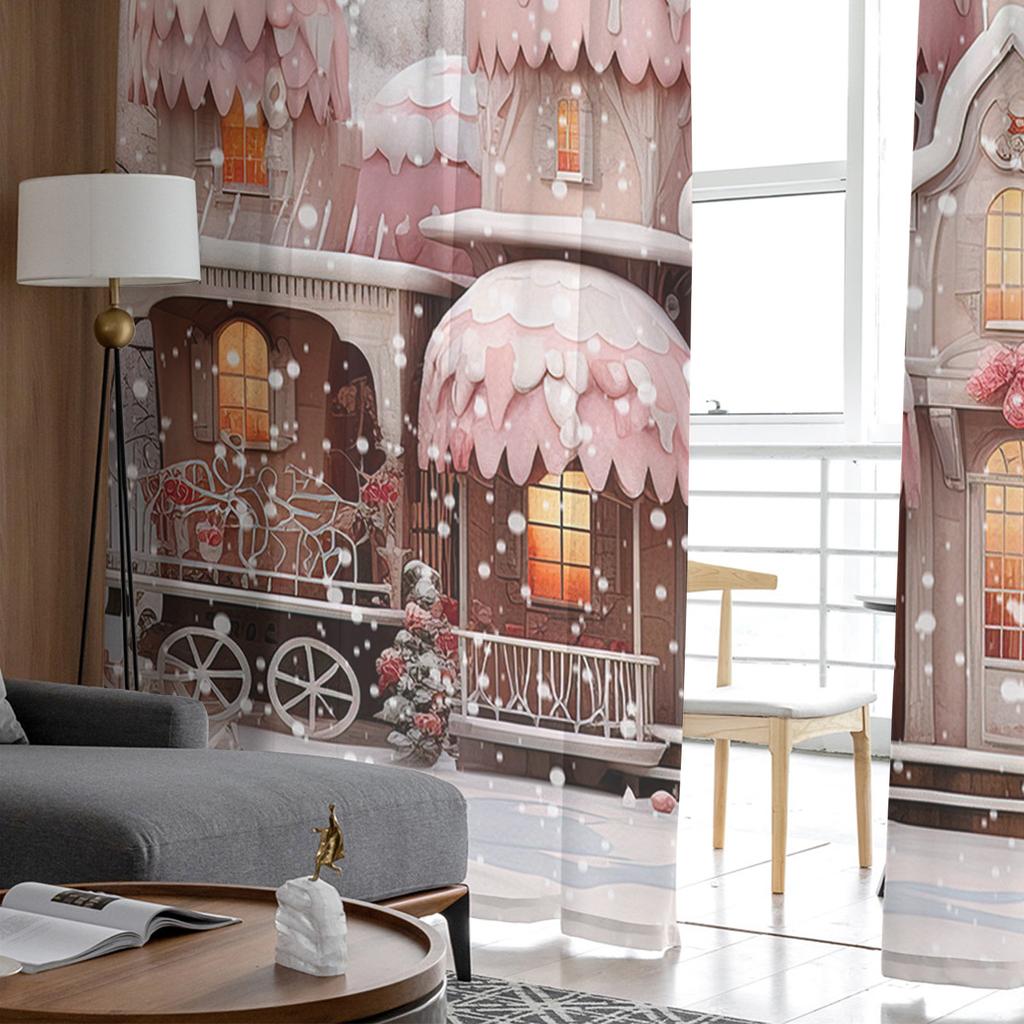 Om de zăpadă de Crăciun Scenă de zăpadă Casă roz Perdele transparente Decorațiuni pentru casă de Crăciun Perdele din tul pentru fereastră pentru sufragerie dormitor