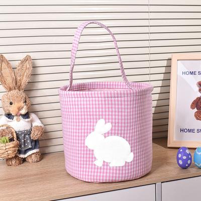 Reusable Embroidery Easter Rabbit Basket Cloth Tote Style Easter Egg Hunt Basket Decorative Plaid Storage Bag School Event