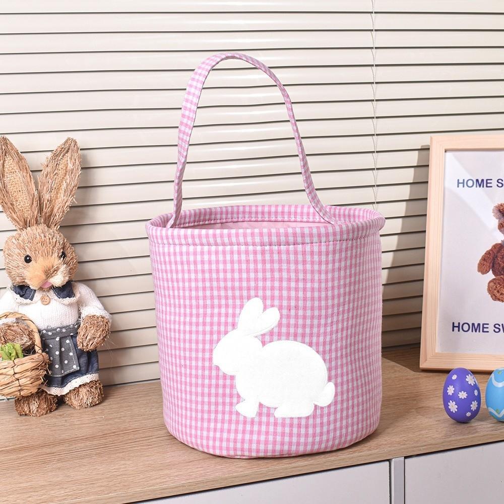 Embroidery Easter Rabbit Basket Plaid Easter Gift Basket Reusable Toys Storage Bag Nursery Storage