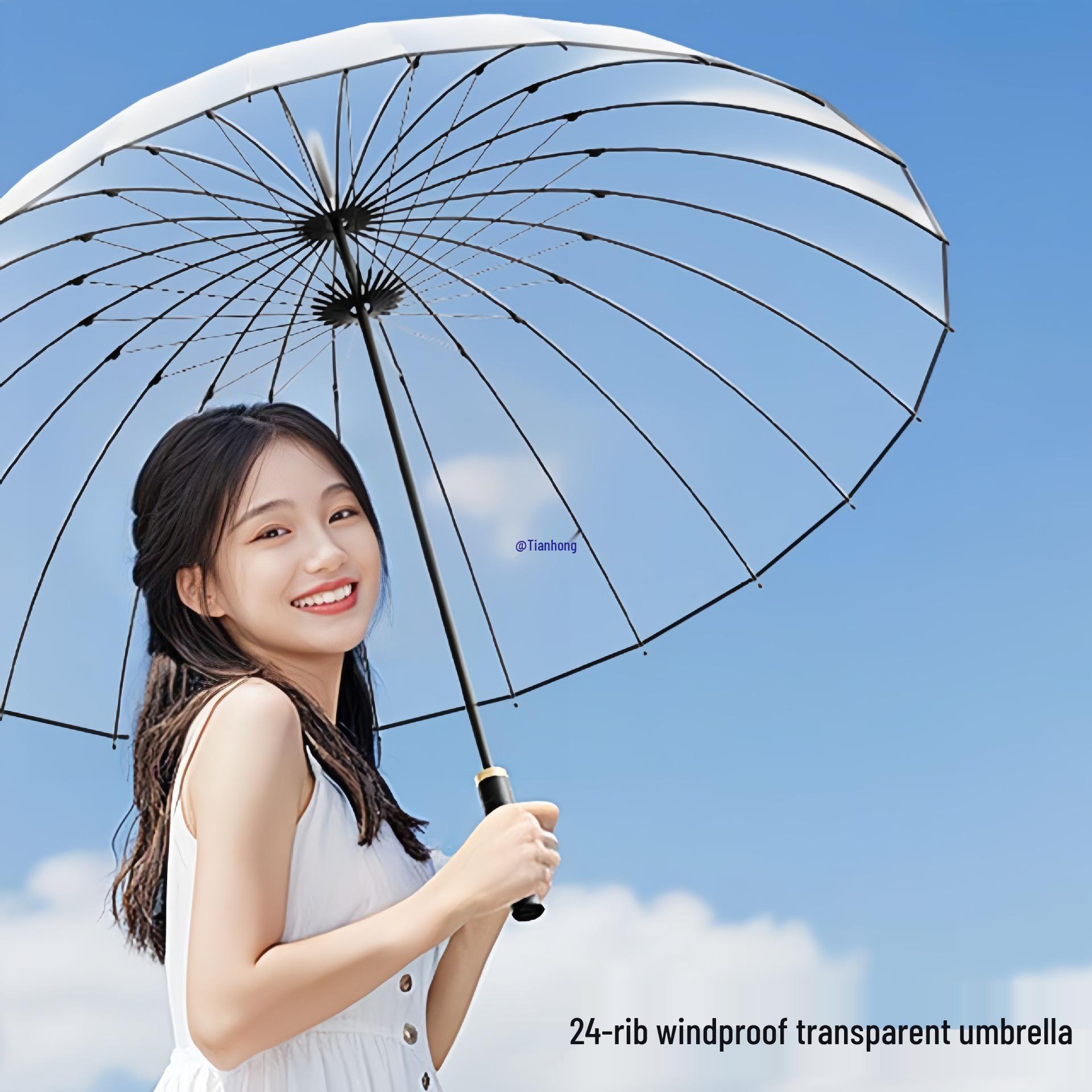

Прозора вітрозахисна парасолька для двох осіб з вигнутою ручкою – Посилена міцна конструкція для жінок Black 16-rib Transparent Umbrella, Curved Handle