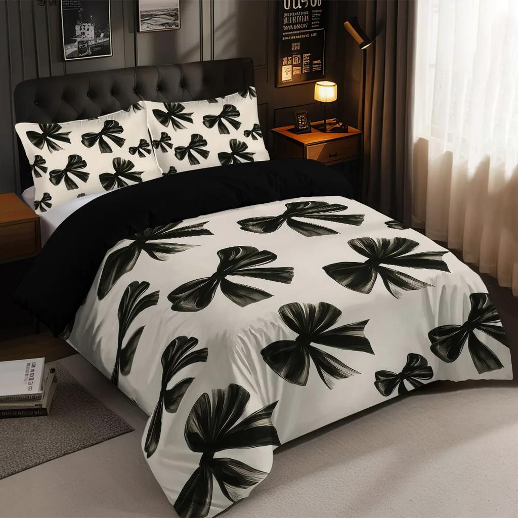 3Pcs Black Bow Print Coreless Bedding Set Multiple Sizes Suitable For Bedrooms And Dormitories Comfortable And Machine Washable