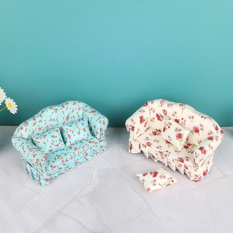 1 Set 1:12 Dollhouse Furniture Double Sitting Sofa With Pillow Kit Doll House Simulation Miniature Living Room Kids Pretend Play
