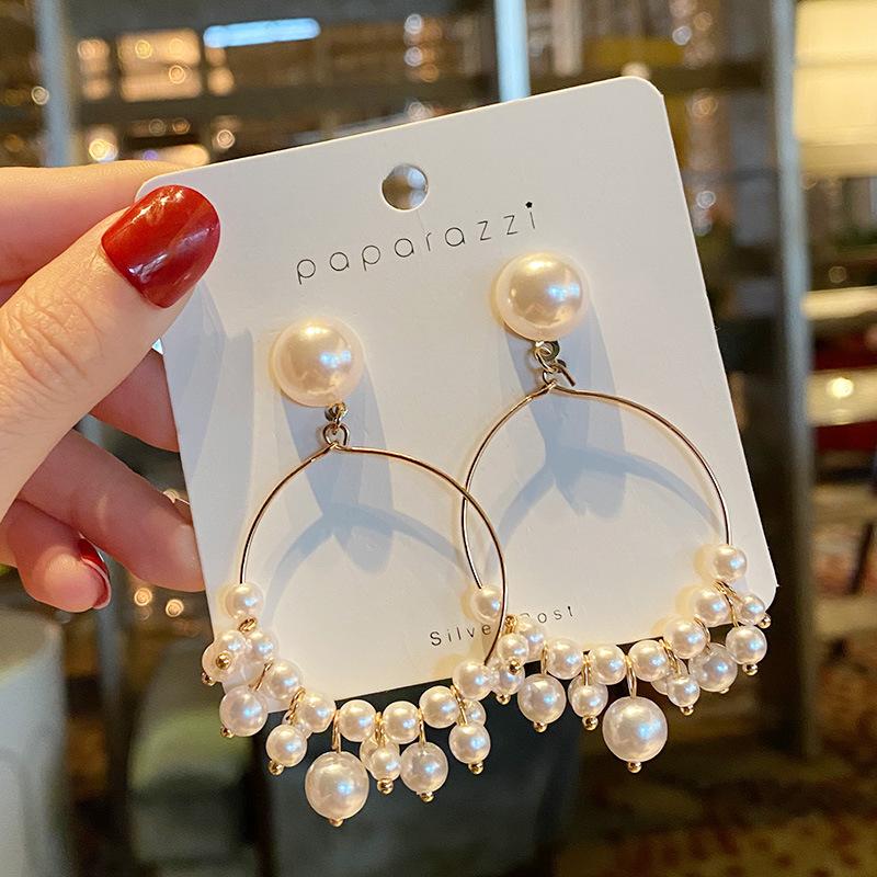 

S925 Silver Needle Pearl Earrings Simple Long Large Circle Earrings