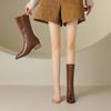 Krazing Pot Cow Leather Winter Pointed Toe Thick Med Heels Western Boots Women Zipper Retro Vintage Mid-calf Boots