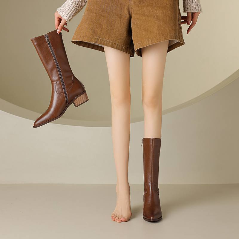 Krazing Pot Cow Leather Winter Pointed Toe Thick Med Heels Western Boots Women Zipper Retro Vintage Mid-calf Boots