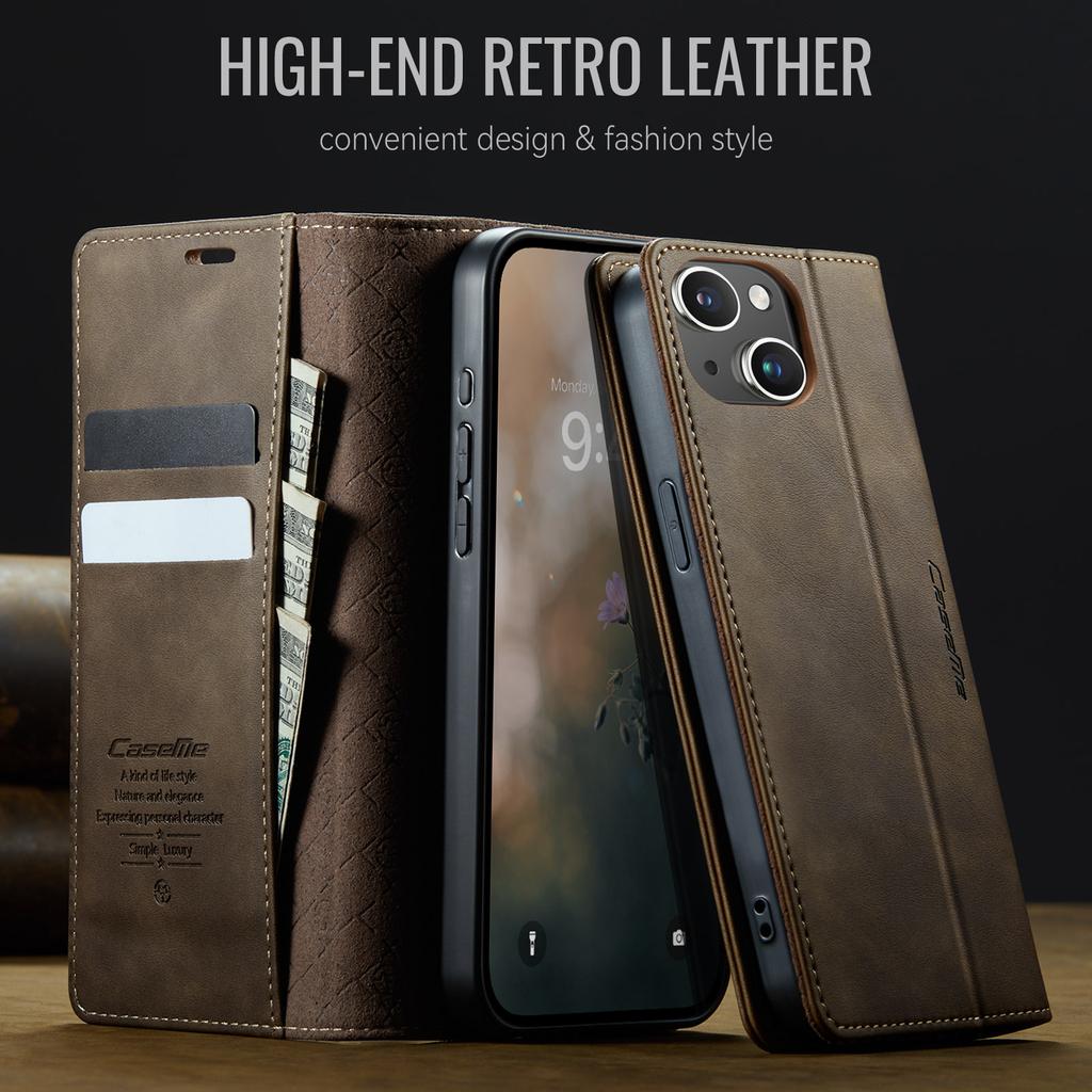 För iPhone 14 Plus Fodral CASEME 033-serien RFID-blockerande Plånbok Stöd Kalvskinnstextur Läder Telefonfodral