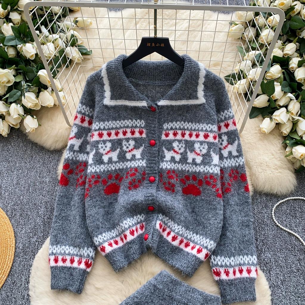 Autumn Winter Women Casual Print Knitted Twist Sweater Two Piece Set Single Breasted Cardigan Jacket and Mini Bodycon Skirt Christmas Outfit