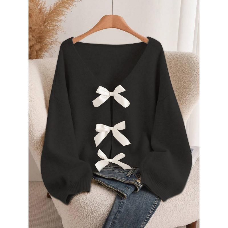 Design bow knitted cardigan autumn and winter new loose versatile lazy style knitted sweater