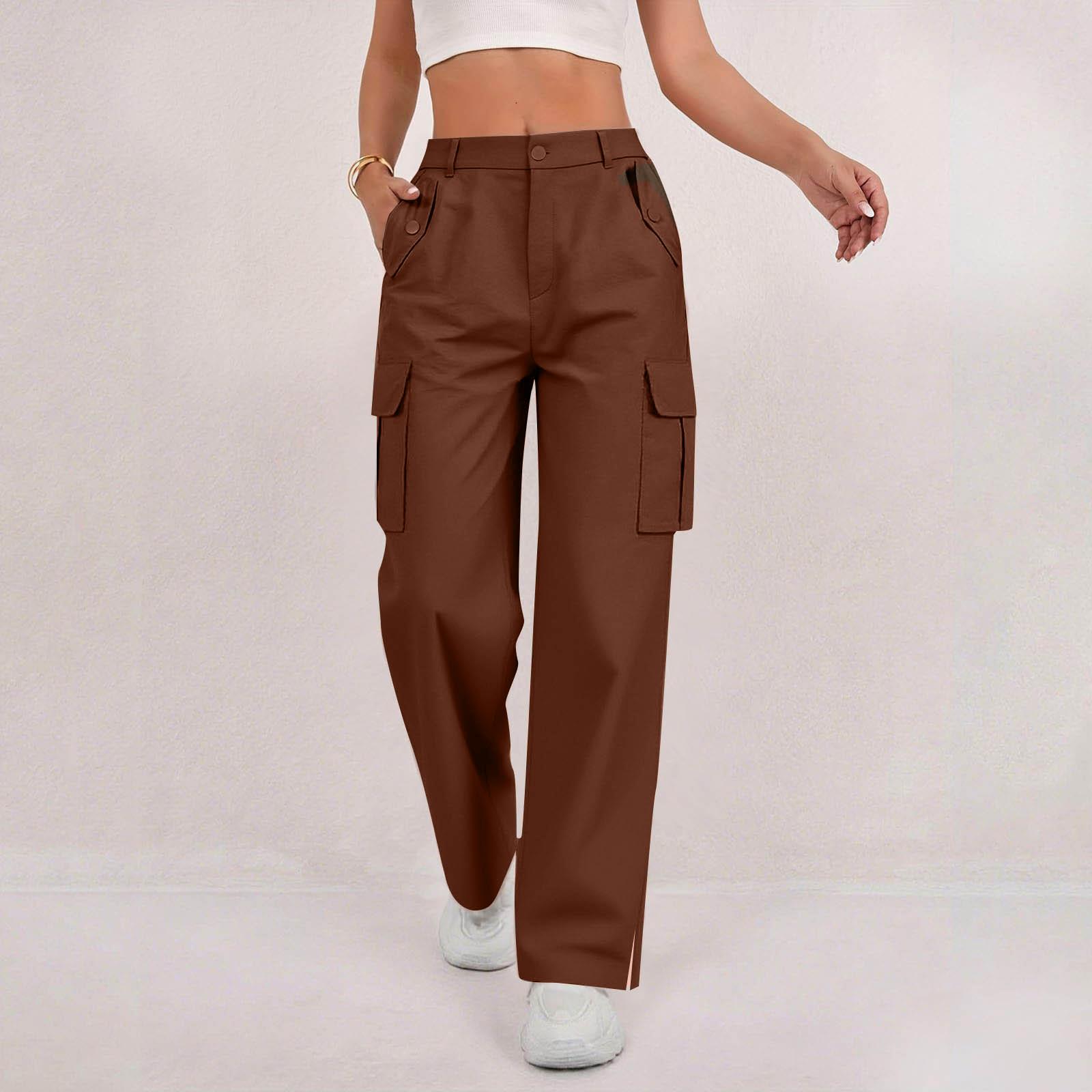 

Women s Fashion Relaxed-Fit Pocket Straight-Leg Pants Sporty Wide-Leg Pants High-Waisted Casual Cropped Pants M коричневий