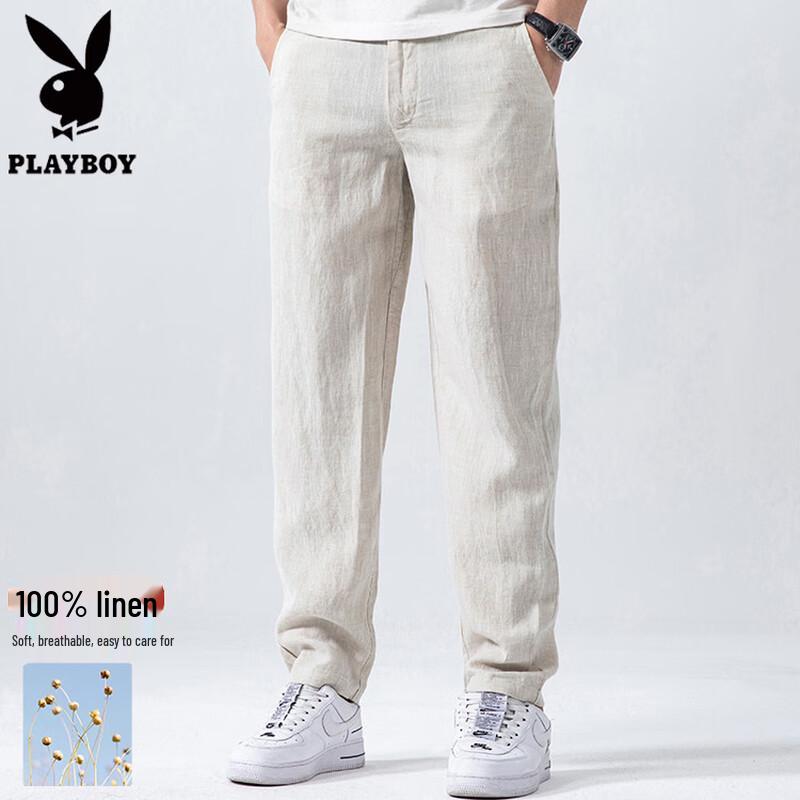 PLAYBOY Men s 100% Linen Straight-Leg Casual Pants S легкие хаки
