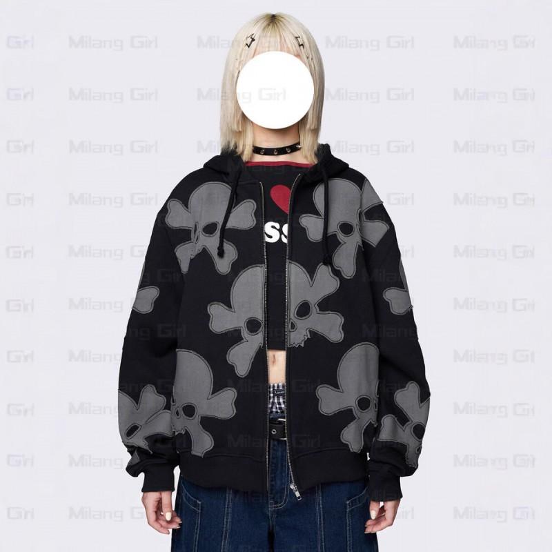 Black Skull Print Oversized Hooded Zip-Up Sweatshirt Streetwear Y2K Gothic Punk Unisex Long Sleeve