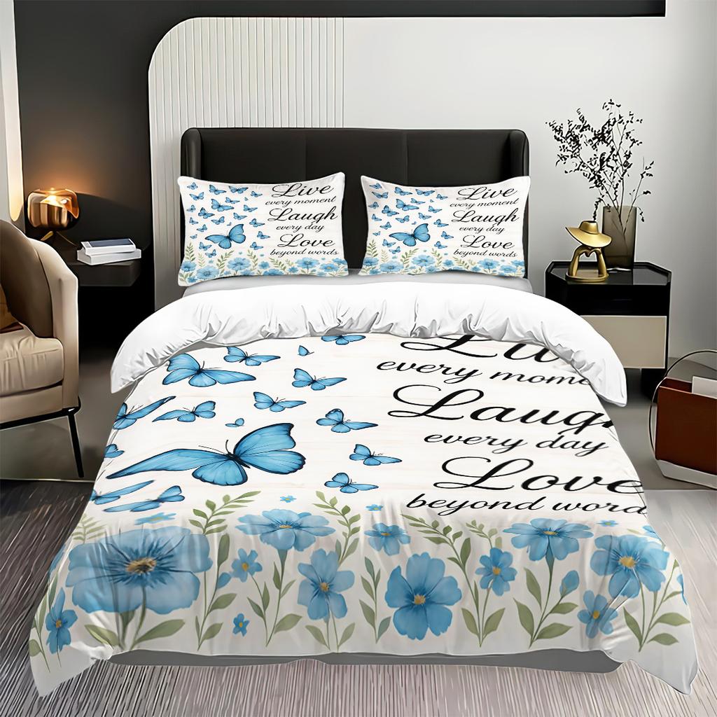 3pcs Blue Butterfly Printed Down Duvet Covers 1 Down Duvet Cover+2 Pillowcases No Core. Soft and Comfortable Bedding Set