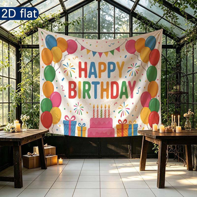 Floral Bouquet Balloons Tiered Cake Birthday Party Backdrop, Polyester Banner for Wall Decor & Photo Booth