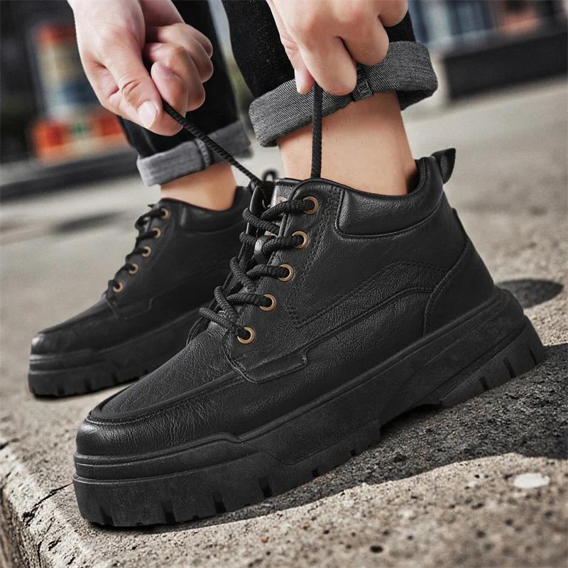 

High Quality Leather Casual Shoes for Men Boots Soft Thick Sole Shoe Men Sneakers Slip on Ankle Boots for Men Zapatos De Hombre 39 чёрный