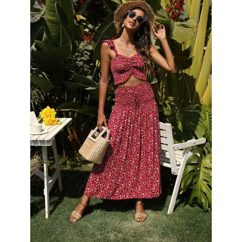 Romantic Flower Sea French style High-Grade Sense Retro Floral Slimming Sling Top + Skirt Seaside Holiday Style Set