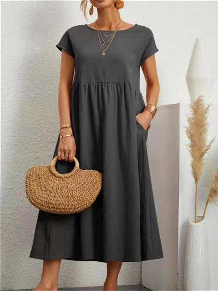 Vintage Solid Midi Dress Casual Short Sleeve Cotton and Linen Harajuku Oversized Long Dress Women Summer Y2K Maxi Sundress 2023