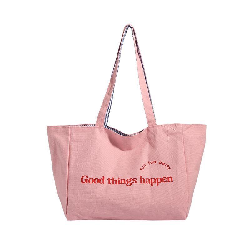 Large-capacity Tote Bag Striped Single-shoulder Bag Lettered College Student Canvas Bag Women's Commuting Bag