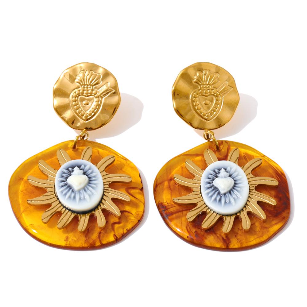 

Yhpup Exclusive Design Amber Resin Round Sun Pendant Drop Earrings Arrivals Stainless Steel Golden Fashion Jewelry Waterproof