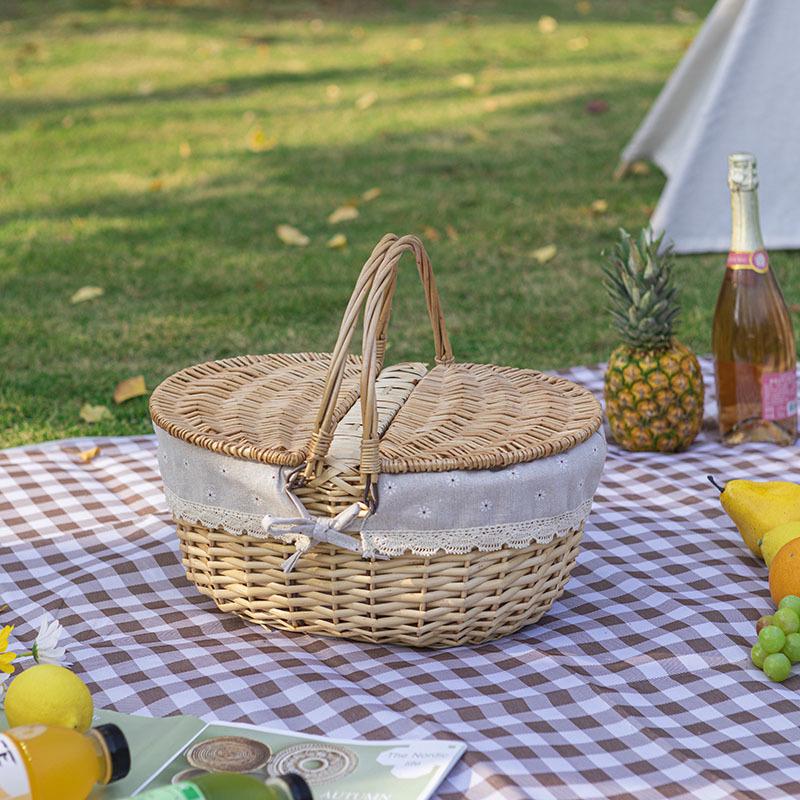 Portable Rattan Woven Picnic Basket with Lid - Small Outdoor Floral & Fruit Basket