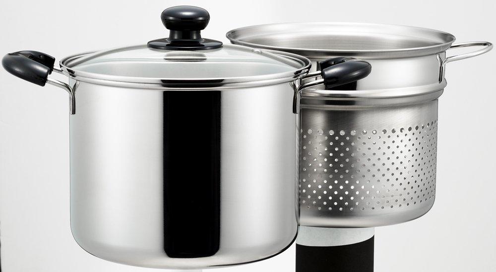 Hrnec na těstoviny Yoshikawa Cook Look II, 22 cm, skleněná poklice s jádrem, nerezová ocel, kompatibilní s ohněm, vyrobeno v Japonsku, SJ2187, 6,5 l, obouruční, plynový/IH