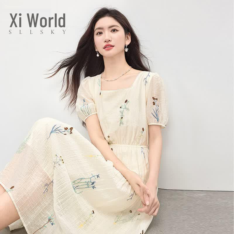 Sllsky Floral Embroidered Tencel Lyocell Square Neck Dress L