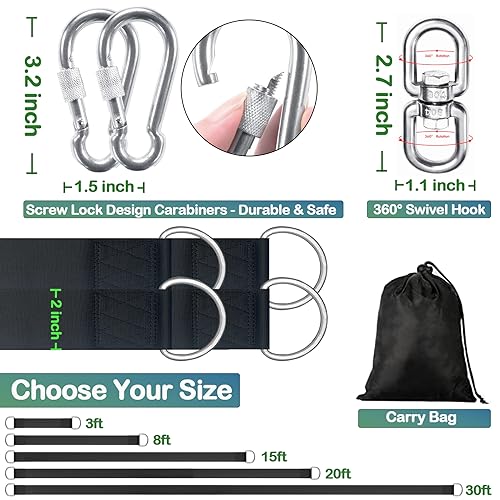 Tree Swing Strap: 3FT 2-Pack 5000 lbs Heavy-Duty Hanging Kit with Lock Carabiner - Swivel Design for Backyard, Camping Outdoor Relaxation