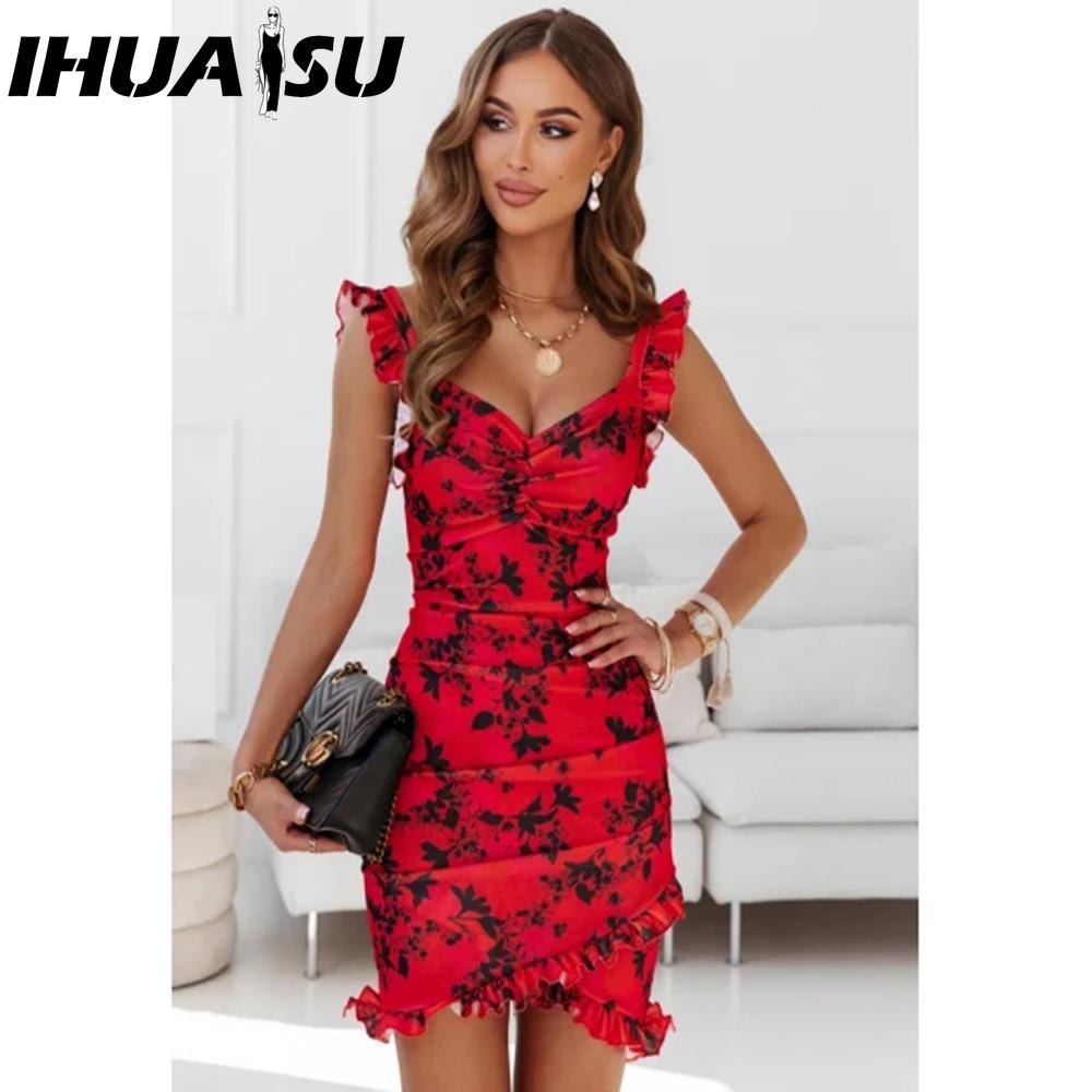 

IHUASU Летнее женское платье-бодикон с цветочным принтом и рукавами-бабочками, с оборками, V-образным вырезом и бандажной завязкой, повседневное короткое сарафанное платье, женское пляжное мини-платье на тонких бретельках-спагетти XXL