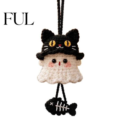 Hand Woven Ghost Decor Halloween Crochet Hanging Decoration, Handmade Ornament for Car Knitted Bag Charm Rearview Mirror, Knit Yarn Pendant
