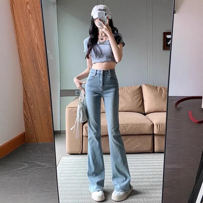 Women’s Light Blue Micro-Flared High-Waisted Jeans, Slit Design, Horseshoe Pants, Spring/Summer Style, Slimming American High Street Fashion.