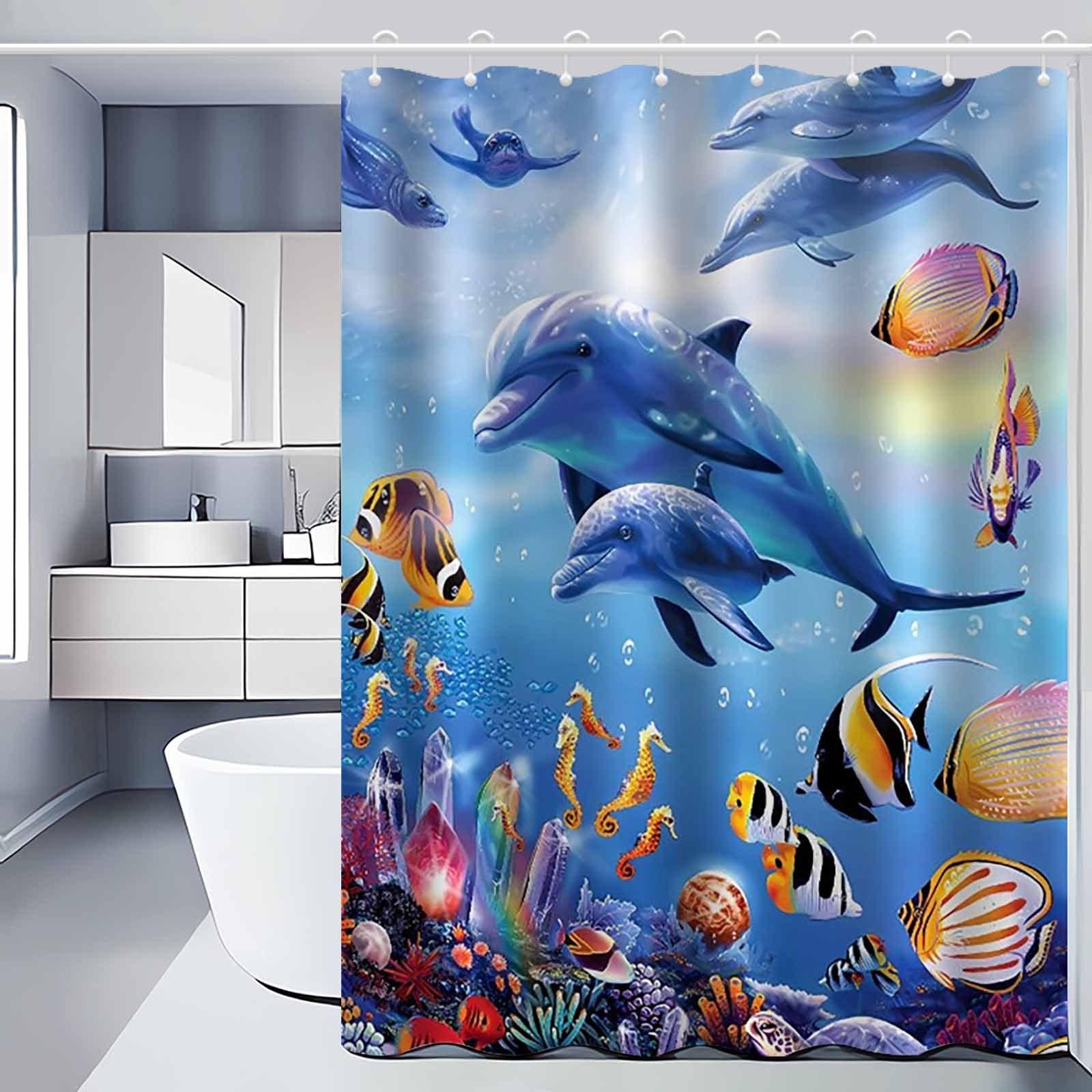 

Vibrant Ocean Life Waterproof Shower Curtain For Bathroom Decor, Featuring Dolphins, Tropical Fish, And Colorful Coral Reefs W60H190(CM)-1 Pcs