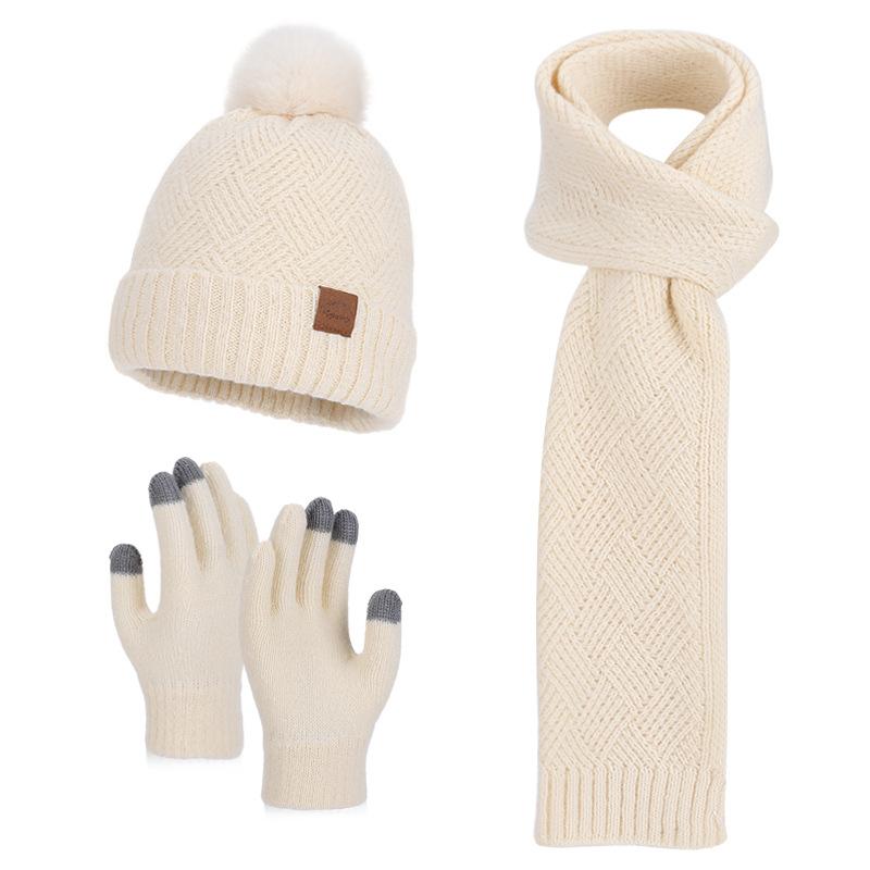 Winter Korean Style Fashion Knitted Wool Hat for Women Warm Hat Scarf and Gloves Three-Piece Set with Ear Protection Beanie