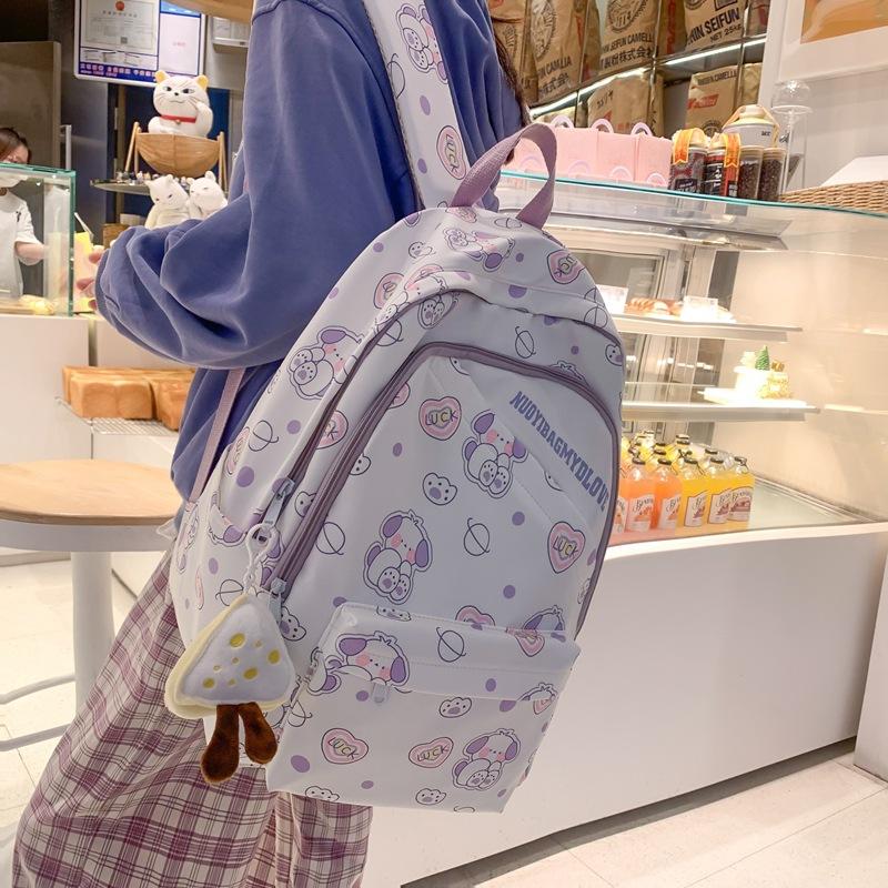 Small fresh printed student schoolbag Harajuku large capacity junior high school student backpack with pendant розовый