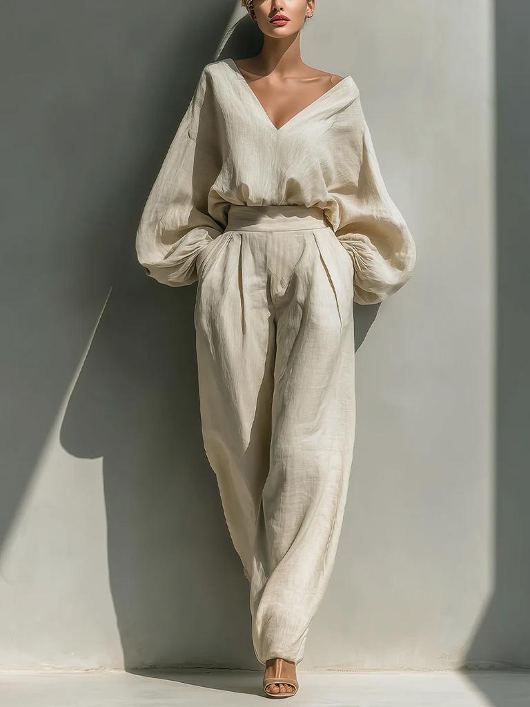 2026 Independent Station European and American Women's Shirt and Pants Two Long Sleeves Loose Fashion Neutral Style Retro Cotton and Linen Suit