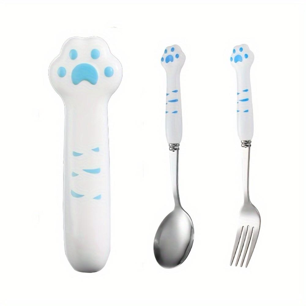 Cute Cat Paw Cutlery Set Portable Fork Spoon Set Meal Accessories Boxed Tableware  Tourism