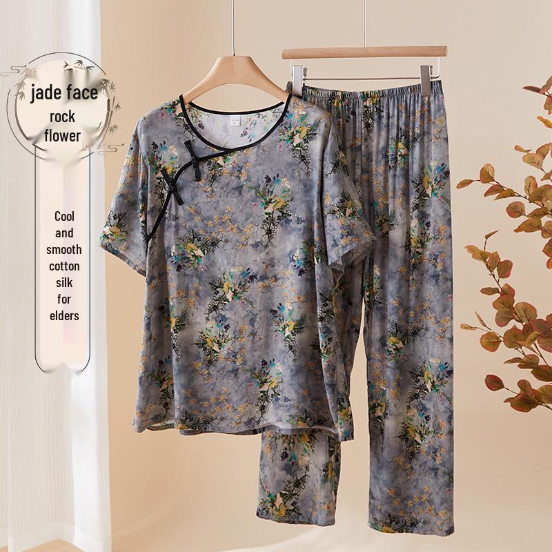

Chinese Style Cotton Silk Pajamas Set for Women: Mid-Sleeve Top & Long Pants, Comfortable Homewear for Middle-Aged and Elderly Ladies 2XL (105-120 jin)