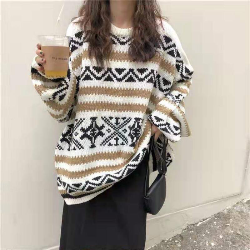 

Осенне-зимний полосатый жаккардовый свитер с длинными рукавами, свободный женский свитер с круглым вырезом, дикий S дубильная кора