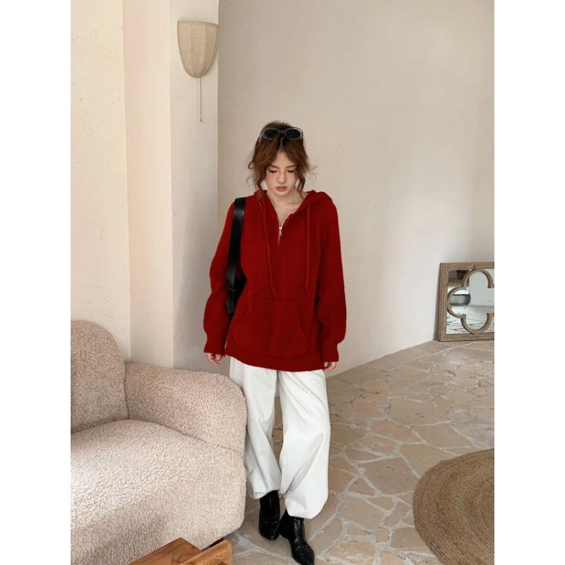 Autumn and Winter New Pullover Sweater Women's Half Zipper Hooded Casual Lazy Wind Outside Knitted Sweater Top