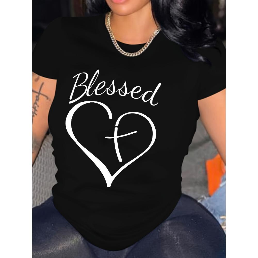 

Blessed Heart Cross Print T-Shirt Crew Neck Short Sleeve T-Shirt for Valentine s Day Gifts Women s Clothing S