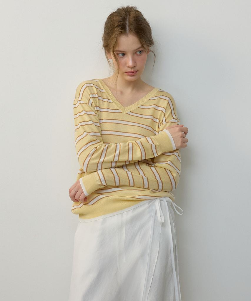 CITYBREEZE Linen V-Neck Striped Pullover Knit_Yellow