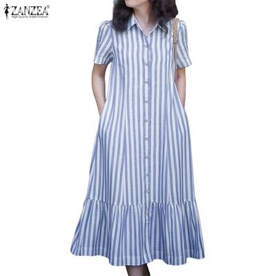 Lässiges Kleid mit Umlegekragen und kurzen Ärmeln und Streifen für Damen