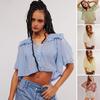 Women Shirt Large Lapel Lace Trim Short Sleeve Shirt Tops Solid Color Loose Fit Casual Shirt Daily Wear
