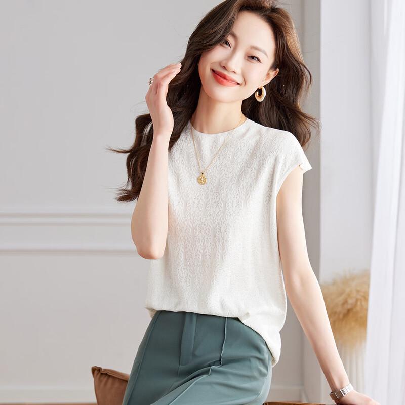 

Srcr Women s 100% Mulberry Silk Jacquard Short Sleeve Knit Top