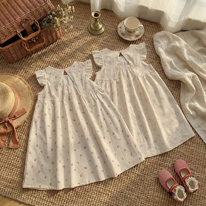 Sweet Cherry Print Girls Dress Summer Flutter Sleeve Pleated Skirt Baby Clothing