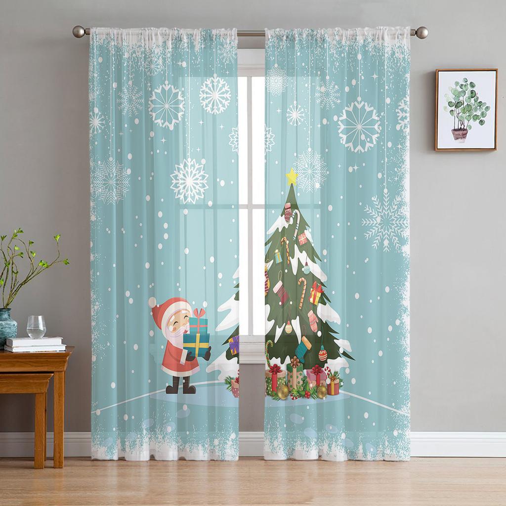 Christmas Christmas Tree Leaves Green Red Tulle Sheer Window Curtains for Living Room Bedroom Decor Voile Curtains Drapes