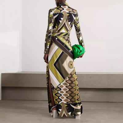 2025 New Autumn and Winter Printing Positioning Lapel Long-sleeved Split-ended Dress Women