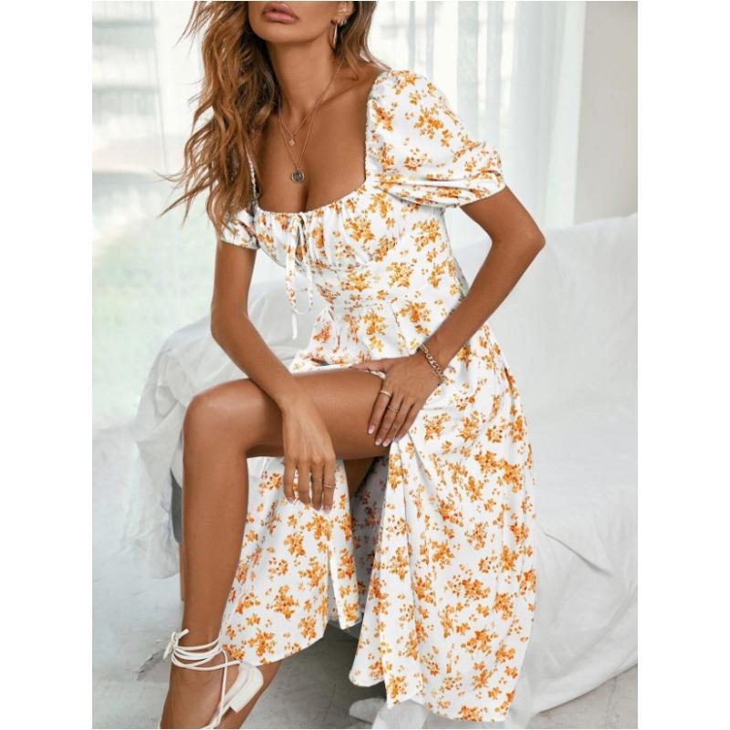 Floral Backless Slim Fit Dresses Strapless Puff Sleeve Suspender Dress Split Pleated Lace Up Vintage Summer Women Clothing